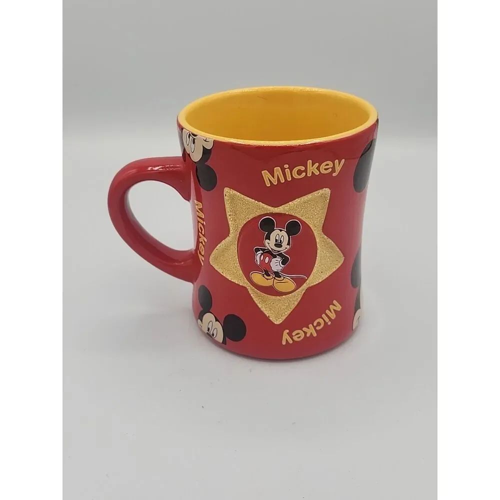 Disney Embossed 3D Mickey Mouse Red Gold Glitter Star Coffee Tea Mug Cup